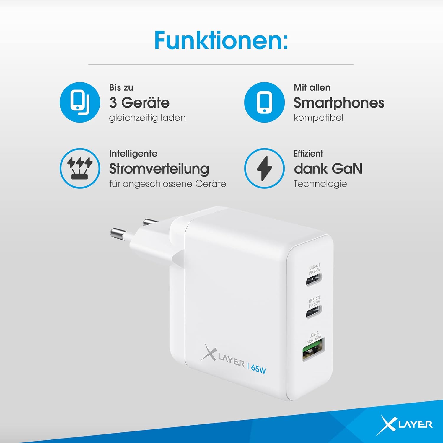 XLayer Powercharger USB-C Schnellladegerät I 65W PD I GaN Charger I 3-Port I kompatibel mit MacBook Pro/Air, iPhone 15 Pro Max/15/14 Pro Max/14/13, iPad Pro, Galaxy S23 Ultra/S22, Lenovo, weiß