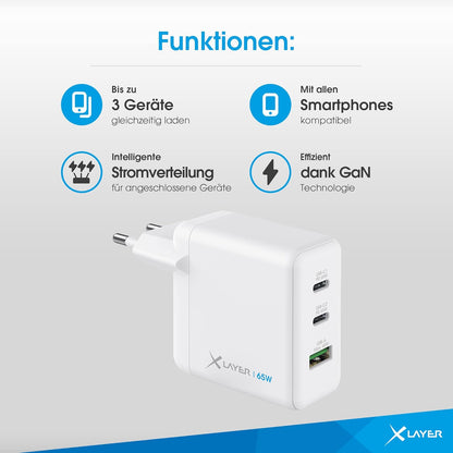 XLayer Powercharger USB-C Schnellladegerät I 65W PD I GaN Charger I 3-Port I kompatibel mit MacBook Pro/Air, iPhone 15 Pro Max/15/14 Pro Max/14/13, iPad Pro, Galaxy S23 Ultra/S22, Lenovo, weiß
