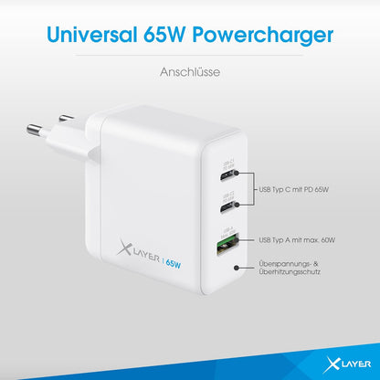 XLayer Powercharger USB-C Schnellladegerät I 65W PD I GaN Charger I 3-Port I kompatibel mit MacBook Pro/Air, iPhone 15 Pro Max/15/14 Pro Max/14/13, iPad Pro, Galaxy S23 Ultra/S22, Lenovo, weiß