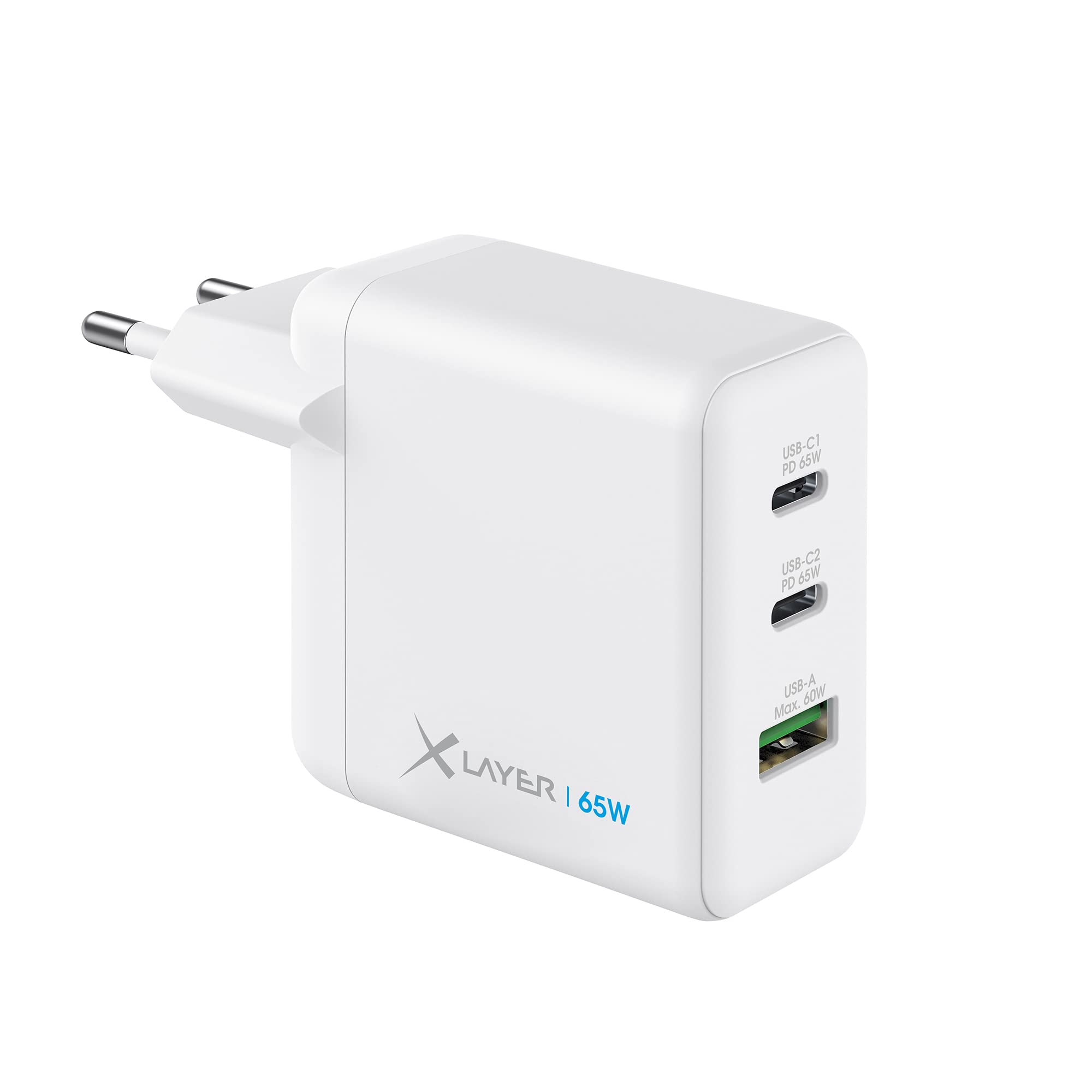 XLayer Powercharger USB-C Schnellladegerät I 65W PD I GaN Charger I 3-Port I kompatibel mit MacBook Pro/Air, iPhone 15 Pro Max/15/14 Pro Max/14/13, iPad Pro, Galaxy S23 Ultra/S22, Lenovo, weiß