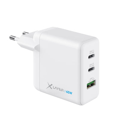 XLayer Powercharger USB-C Schnellladegerät I 65W PD I GaN Charger I 3-Port I kompatibel mit MacBook Pro/Air, iPhone 15 Pro Max/15/14 Pro Max/14/13, iPad Pro, Galaxy S23 Ultra/S22, Lenovo, weiß