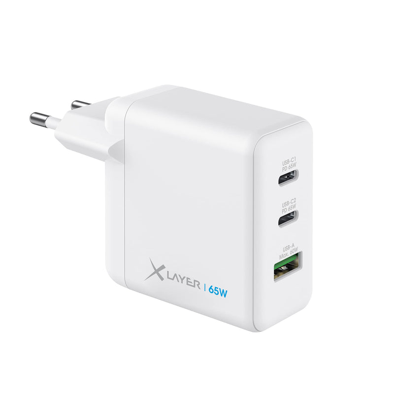 XLayer Powercharger USB-C Schnellladegerät I 65W PD I GaN Charger I 3-Port I kompatibel mit MacBook Pro/Air, iPhone 15 Pro Max/15/14 Pro Max/14/13, iPad Pro, Galaxy S23 Ultra/S22, Lenovo, weiß