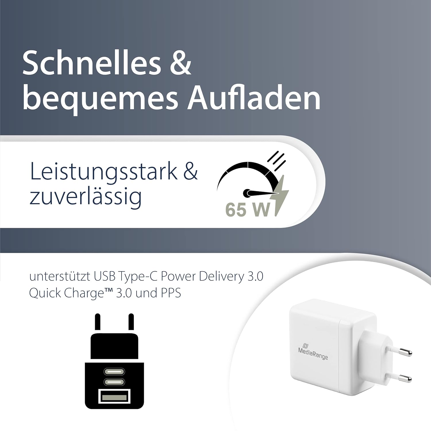 MediaRange 65W USB A/2x USB C Quick Charge Ladeada
