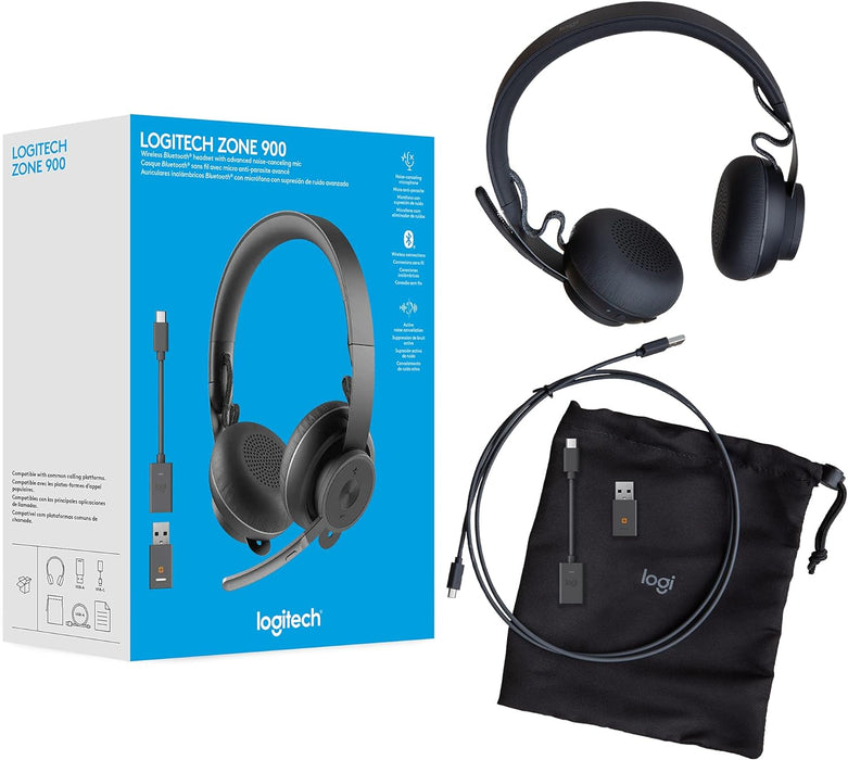 Logitech Zone 900 Over-Ear Wireless Bluetooth Headset with advanced noise-cancelling microphone, connect up to 6 wireless devices with one receiver, quick access to ANC and Bluetooth - Grey Wireless Headset Zone 900 Wireless via Unifying Dongle