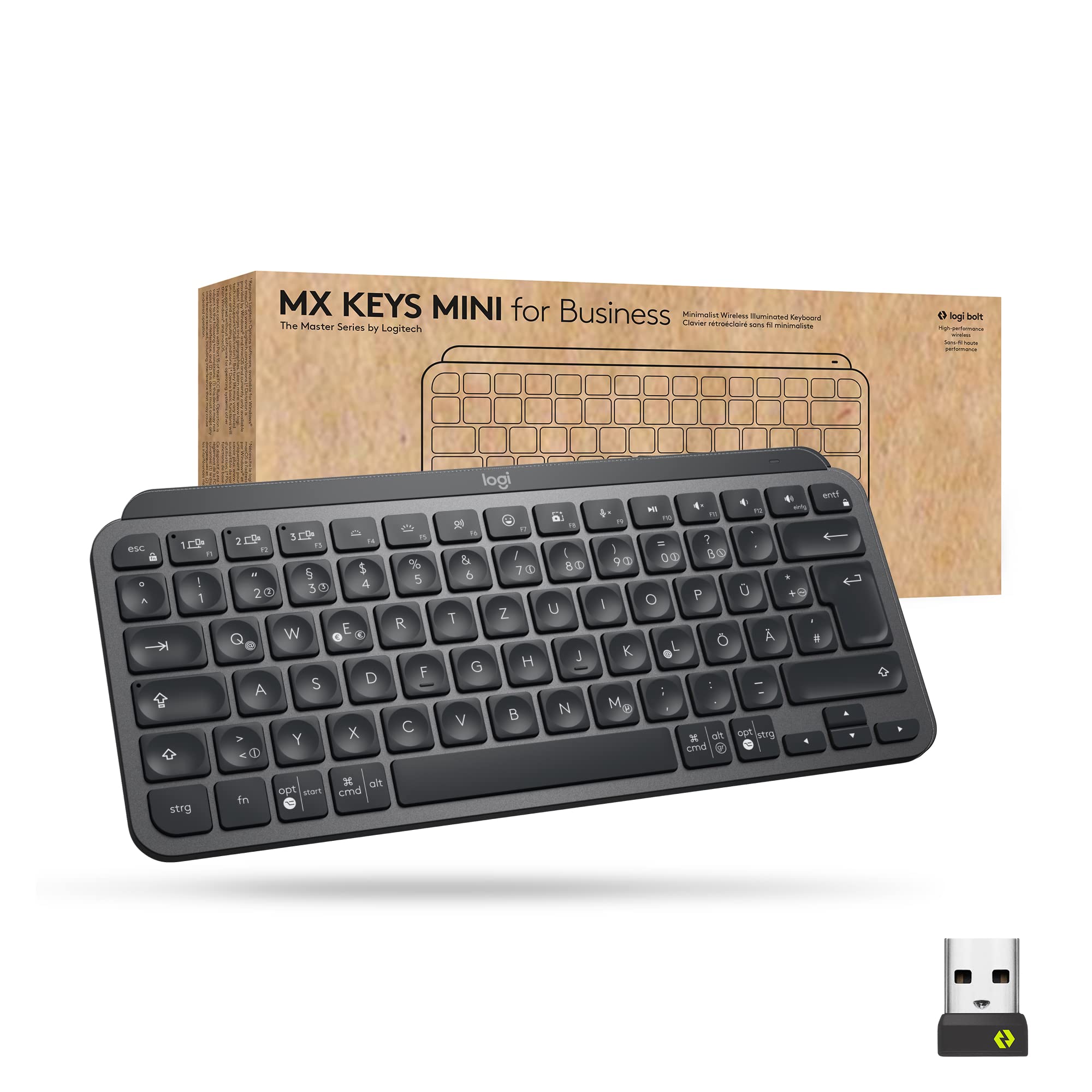 Logitech MX Keys Mini Wireless Illuminated Keyboard for Business, Kompakt, Logi Bolt USB-Empfänger, Hintergrundbeleuchtung, wiederaufladbar, Windows, macOS, Linux, iOS, Android, DEU QWERTZ - Graphit