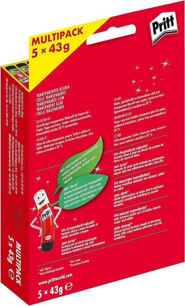 Pritt Klebestift, sicherer und kinderfreundlicher Bastelkleber für Kunst und Bastelarbeiten, starker Kleber für Schule & Bürobedarf, 5x43g Pritt Stift