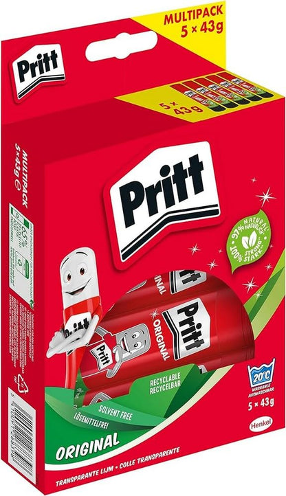 Pritt Klebestift, sicherer und kinderfreundlicher Bastelkleber für Kunst und Bastelarbeiten, starker Kleber für Schule & Bürobedarf, 5x43g Pritt Stift