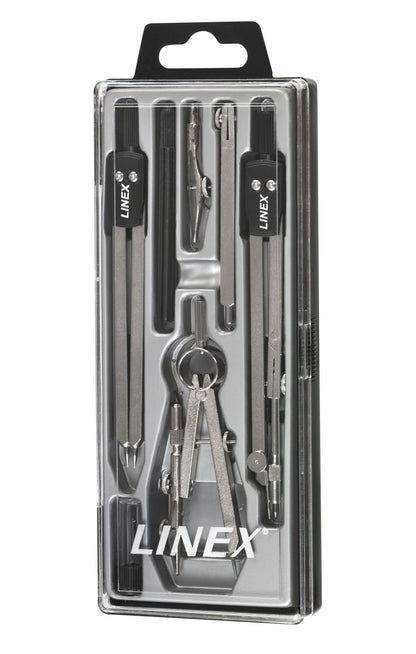 Linex 22 Zirkel-Set 6-teilig, Stifthalter, Ersatzminen, Stechzirkel, Teilzirkel, Verlängerungsstange, inkl. Einsatz mit Kniegelenk 6 Teilig