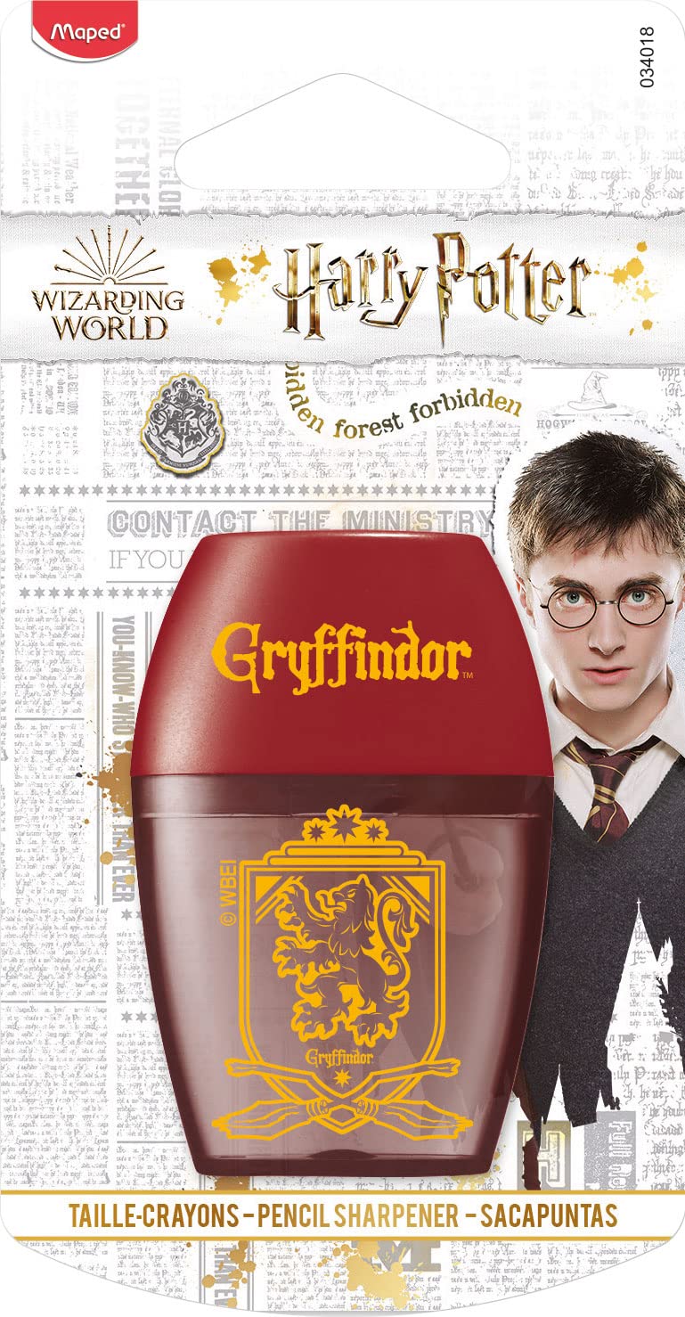 Maped Harry Potter Pencil Sharpener with Reservoir and 1 Hole for Kids, Ergonomic Design, Official Harry Potter Licensed Gryffindor Design, Recyclable Packaging