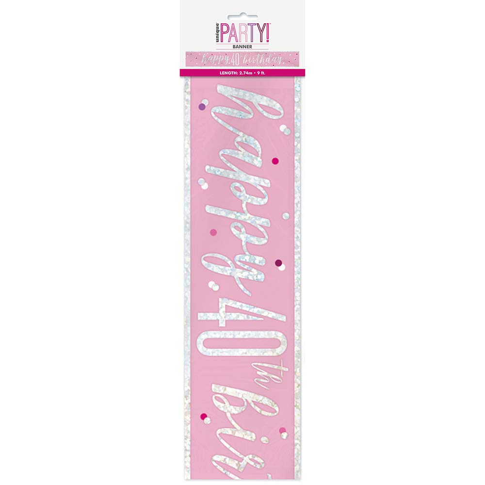 Unique-Happy 40th Birthday Foil Banner-9' | Pink And Silver | 1 Pc. Cartel de Cumpleaños Número 40-2,74 m-Tema Glitz Rosa y Plata-1 Unidad (Paquete de 1), color, age 40 (83494