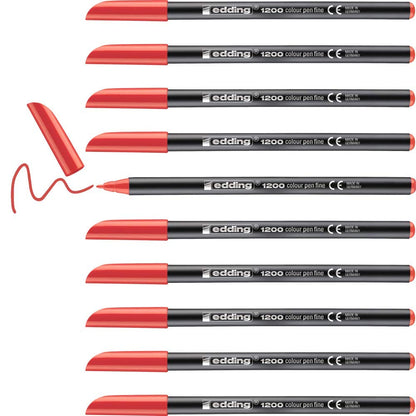 edding 1200 colour pen fine - red - 10 pens - round tip 1 mm - felt-tip pen for drawing and writing - for school or mandala