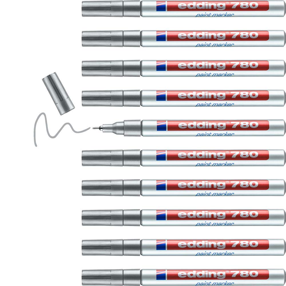 edding 780 paint marker - silver - 10 pens - round tip 0.8 mm - paint marker for marking and labelling metal, glass, rocks or plastic - heat-resistant, permanent, smudge-proof and waterproof 03: 10 Pens - Silver