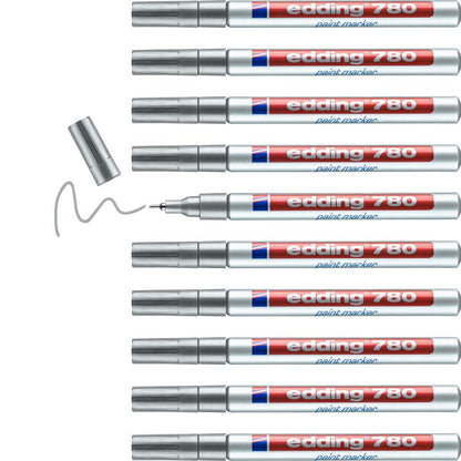 edding 780 paint marker - silver - 10 pens - round tip 0.8 mm - paint marker for marking and labelling metal, glass, rocks or plastic - heat-resistant, permanent, smudge-proof and waterproof 03: 10 Pens - Silver