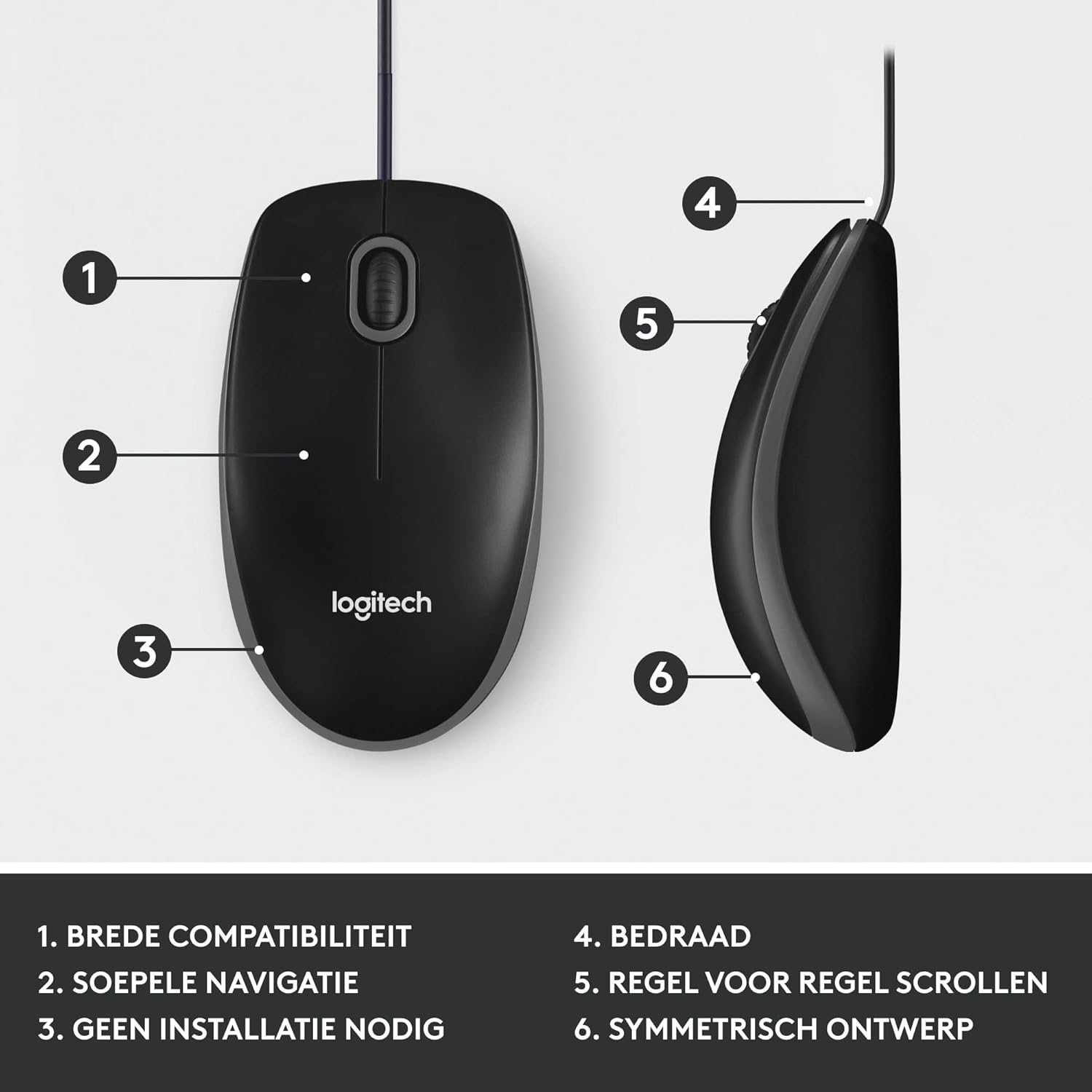 Logitech M100 Wired USB Mouse 3 Buttons 1000 DPI Optical Tracking, For left and right handed users, Compatible with PC, Mac, Laptop