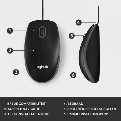 Logitech M100 Wired USB Mouse 3 Buttons 1000 DPI Optical Tracking, For left and right handed users, Compatible with PC, Mac, Laptop