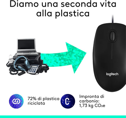 Logitech M100 Wired USB Mouse 3 Buttons 1000 DPI Optical Tracking, For left and right handed users, Compatible with PC, Mac, Laptop