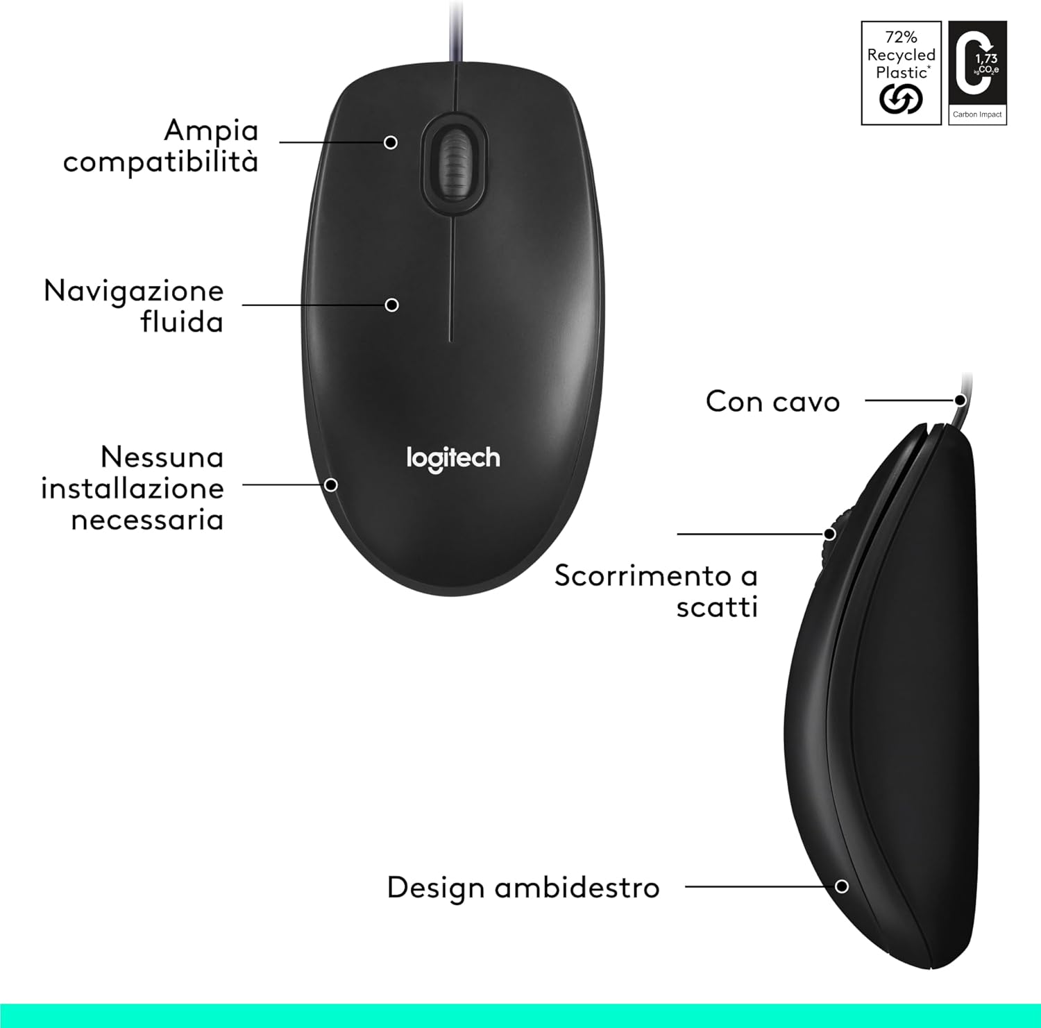 Logitech M100 Wired USB Mouse 3 Buttons 1000 DPI Optical Tracking, For left and right handed users, Compatible with PC, Mac, Laptop