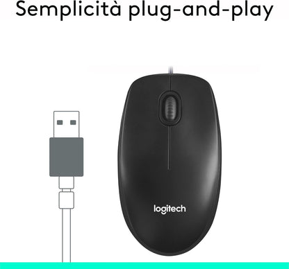 Logitech M100 Wired USB Mouse 3 Buttons 1000 DPI Optical Tracking, For left and right handed users, Compatible with PC, Mac, Laptop