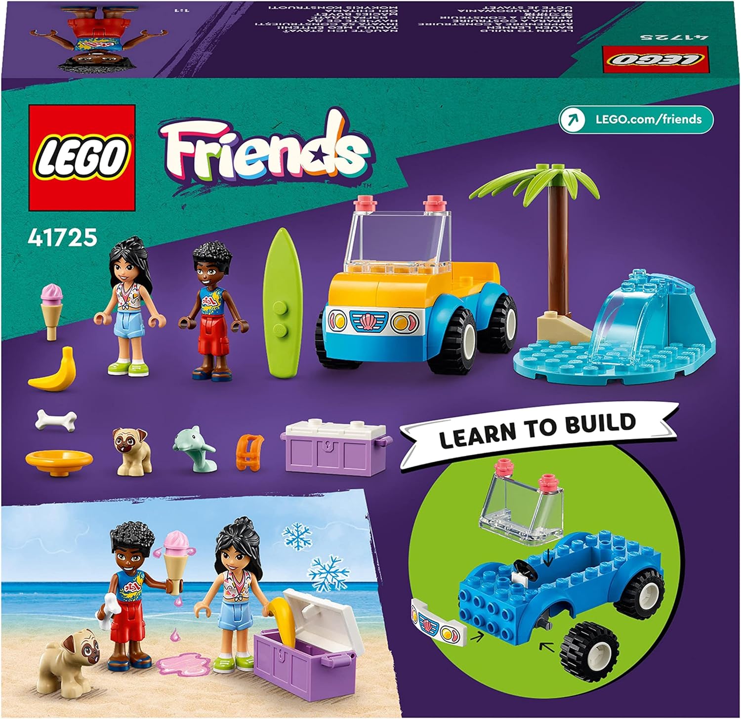 LEGO Friends Beach Buggy Fun Set with Toy Car, Surf Board, Mini-Dolls plus Dolphin and Dog Animal Figures, Summer Playset for 4 Plus Years Old Kids, Girls, Boys 41725