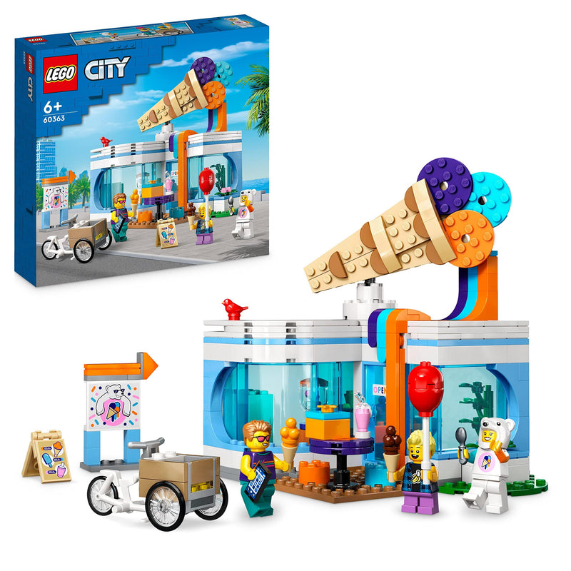 LEGO City Ice-Cream Shop Toy for 6+ Year Olds with Cart Bike and 3 Minifigures, Birthday Gift for Boys, Girls, Kids, 2023 Set 60363 Single