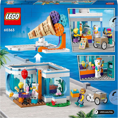 LEGO City Ice-Cream Shop Toy for 6+ Year Olds with Cart Bike and 3 Minifigures, Birthday Gift for Boys, Girls, Kids, 2023 Set 60363 Single