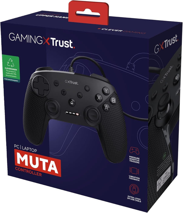 Trust Gaming GXT 541 Muta Wired PC Controller, 75% Recycled Materials, 3m Cable, 15 Buttons, Vibration Feedback, Joystick USB Gamepad with Extra D-pad Covers for Computer, Laptop, Windows 10/11