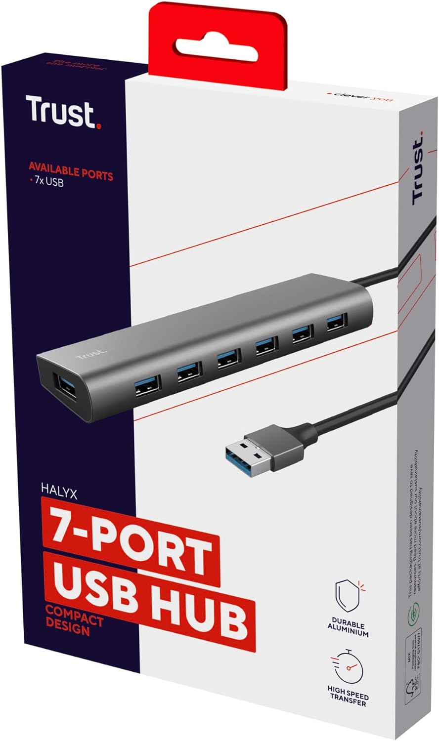 Trust Halyx 7 Port USB Hub 3.2 Gen 1, Slim Adapter with USB-C Power Port, Fast 5 Gbps Data Speed, Multiport USB Splitter, Compact USB Extension Cable for Macbook Pro, Laptop, PC, Computer, Notebook