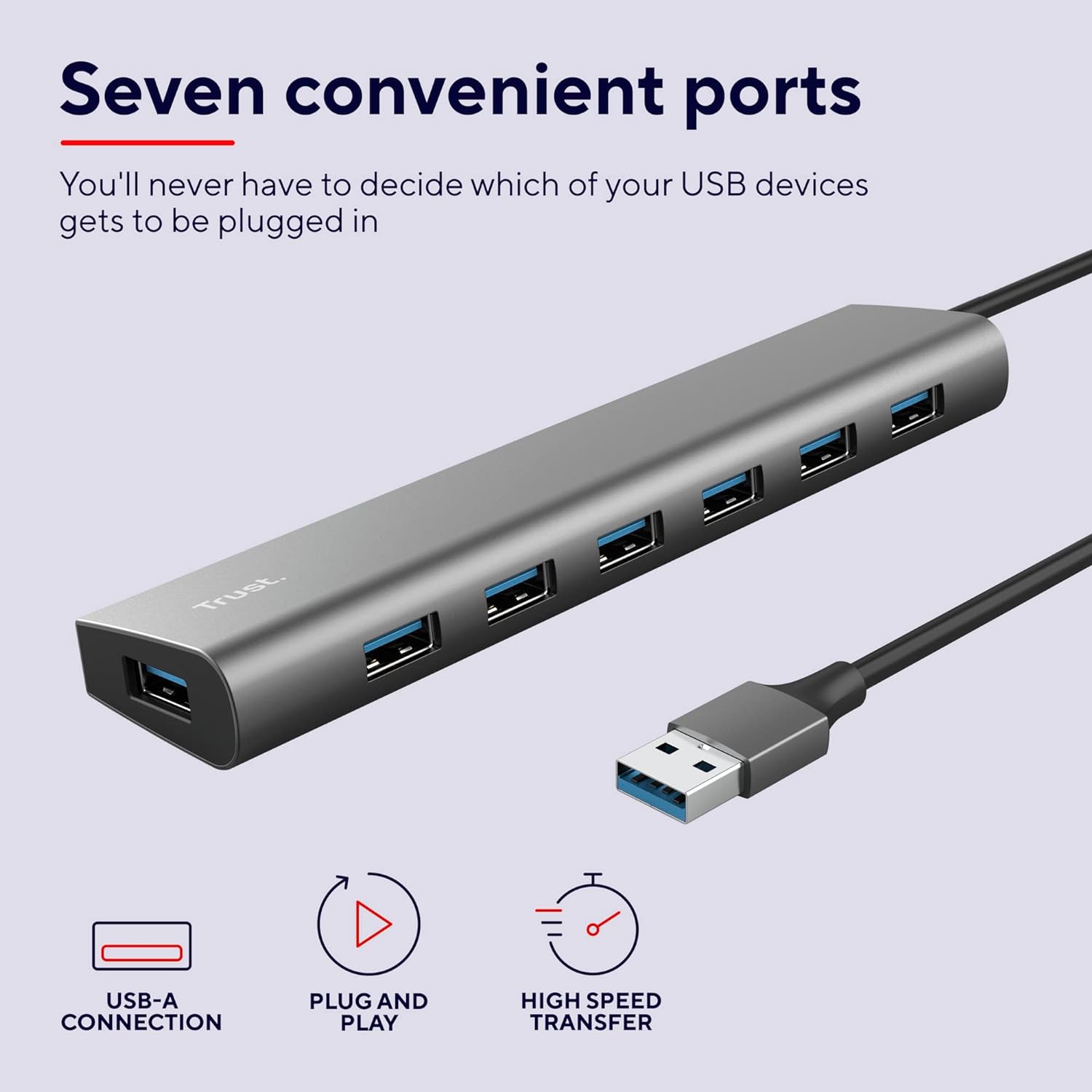 Trust Halyx 7 Port USB Hub 3.2 Gen 1, Slim Adapter with USB-C Power Port, Fast 5 Gbps Data Speed, Multiport USB Splitter, Compact USB Extension Cable for Macbook Pro, Laptop, PC, Computer, Notebook