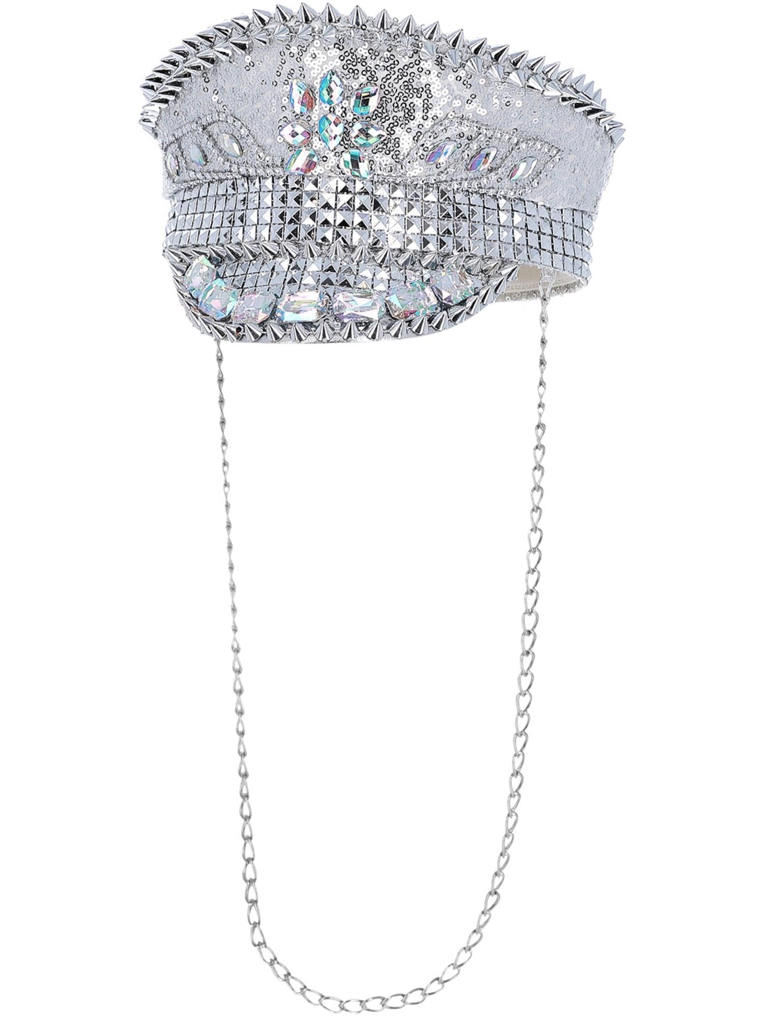 Smiffys Fever Deluxe Sequin Studded Captains Hat, Silver