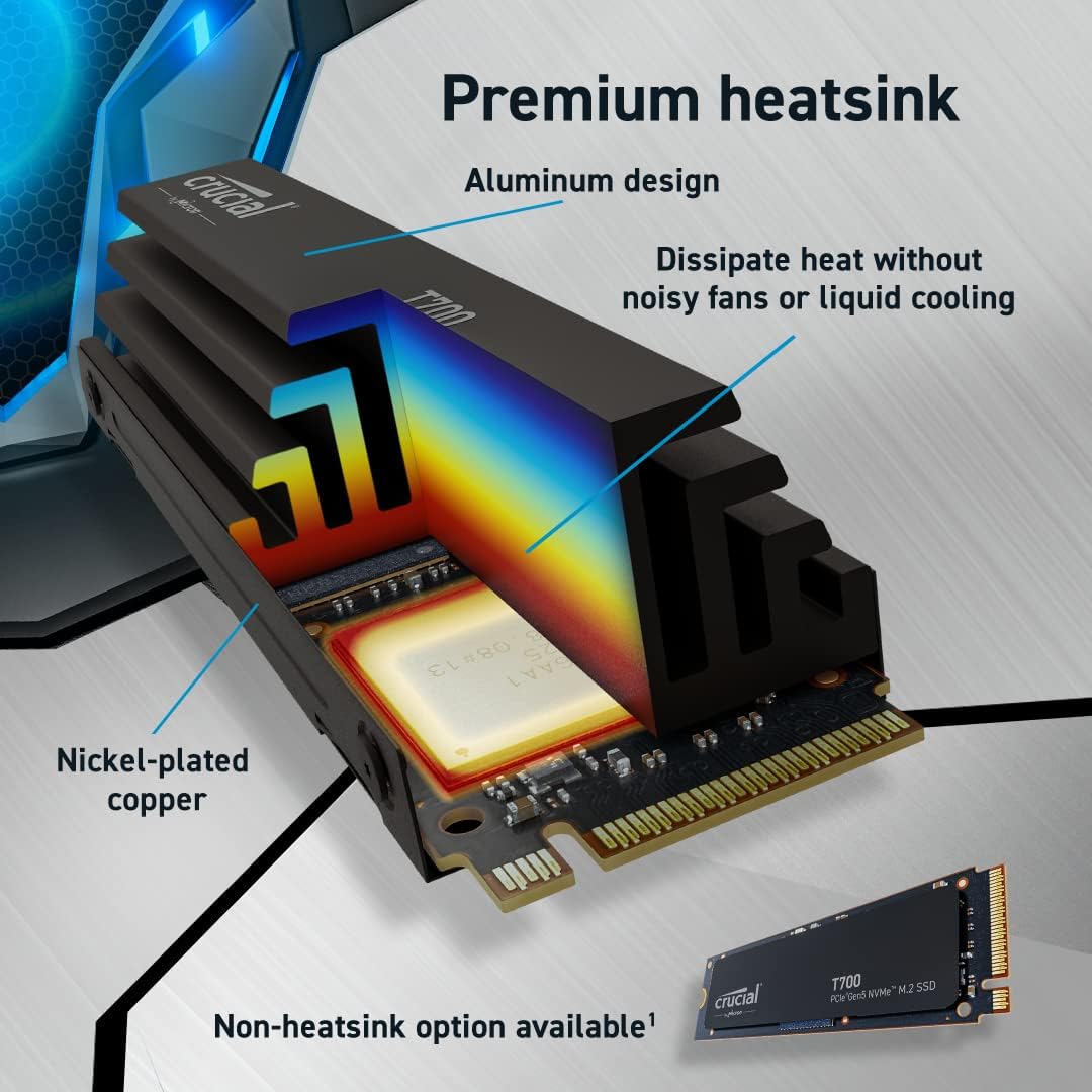 Crucial T700 1TB Gen5 NVMe M.2 SSD with heatsink - Up to 11,700 MB/s - DirectStorage Enabled - CT1000T700SSD5 - Gaming, Photography, Video Editing & Design - Internal Solid State Drive