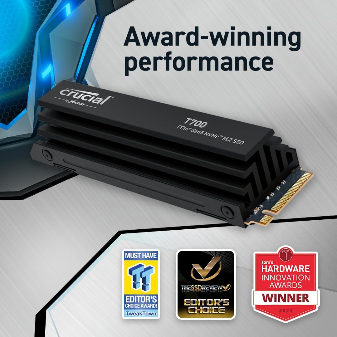 Crucial T700 1TB Gen5 NVMe M.2 SSD with heatsink - Up to 11,700 MB/s - DirectStorage Enabled - CT1000T700SSD5 - Gaming, Photography, Video Editing & Design - Internal Solid State Drive