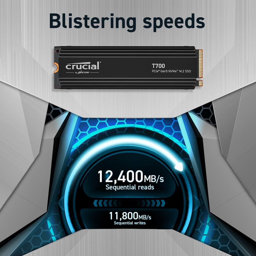 Crucial T700 1TB Gen5 NVMe M.2 SSD with heatsink - Up to 11,700 MB/s - DirectStorage Enabled - CT1000T700SSD5 - Gaming, Photography, Video Editing & Design - Internal Solid State Drive