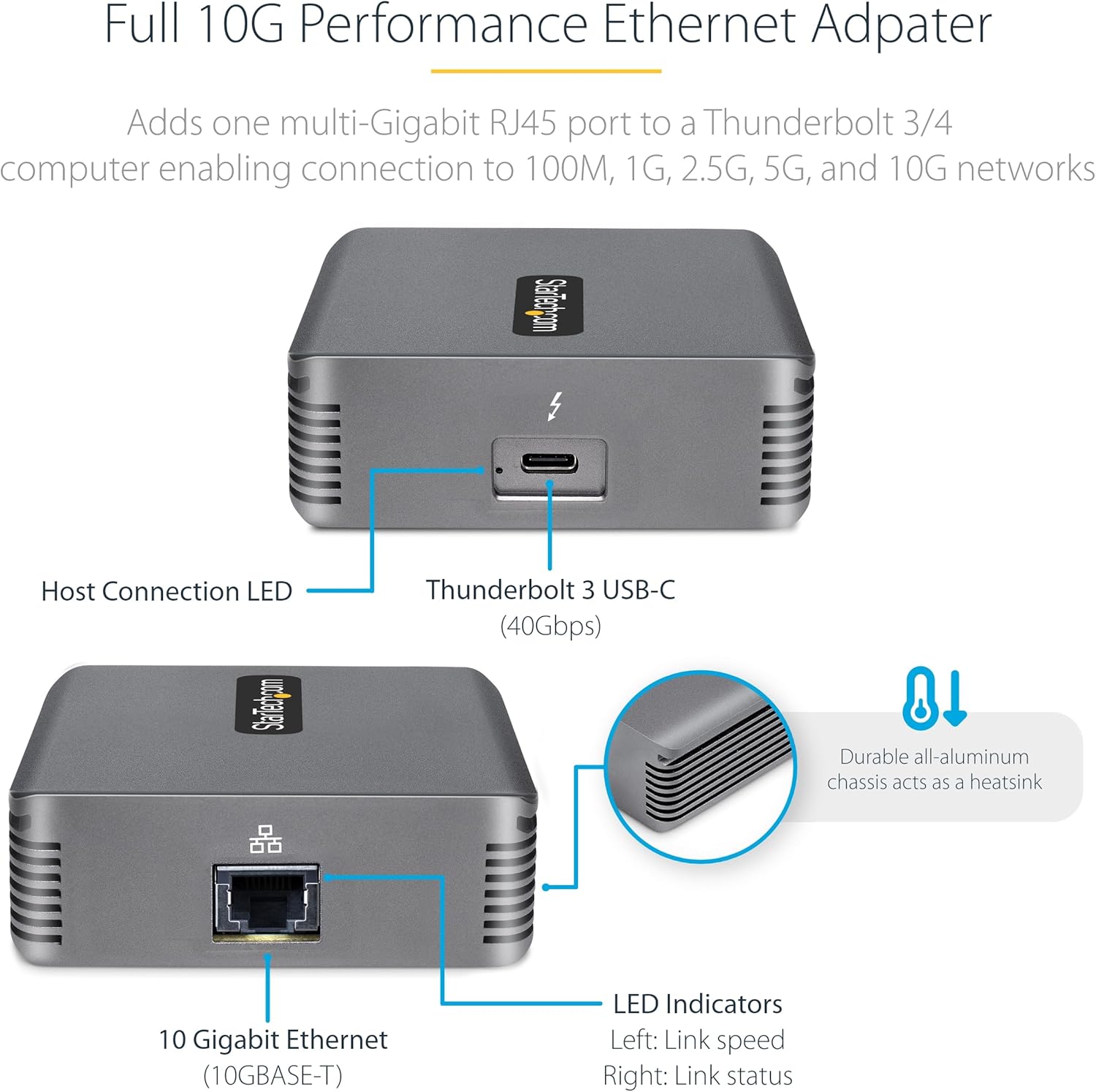 StarTech.com Thunderbolt 3 to Ethernet Adapter, 10GbE, Multi-Gigabit, Thunderbolt 3 to RJ45 Network Adapter, 10GBASE-T/5-2.5GBASE-T NIC, 10G Network Adapter w/ TB3-Certified Cable, Win/Mac (TB310G2