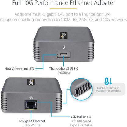 StarTech.com Thunderbolt 3 to Ethernet Adapter, 10GbE, Multi-Gigabit, Thunderbolt 3 to RJ45 Network Adapter, 10GBASE-T/5-2.5GBASE-T NIC, 10G Network Adapter w/ TB3-Certified Cable, Win/Mac (TB310G2