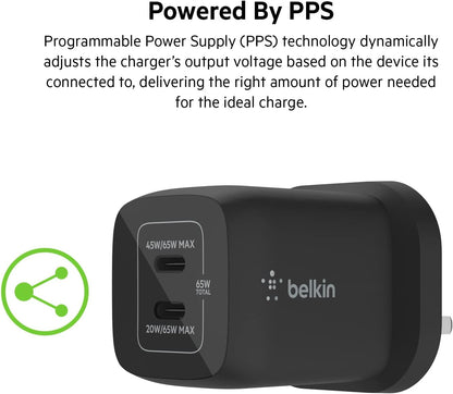 Belkin 65W Dual USB Type C Wall Charger, Fast Charging Power Delivery 3.0 with GaN Technology, USB Plug fast charger for iPhone 15, 14, 13, iPad, MacBook, Samsung Galaxy S23, Pixel and more - Black