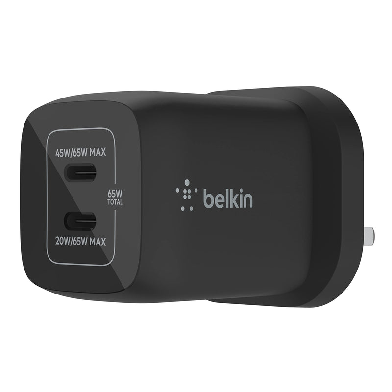 Belkin 65W Dual USB Type C Wall Charger, Fast Charging Power Delivery 3.0 with GaN Technology, USB Plug fast charger for iPhone 15, 14, 13, iPad, MacBook, Samsung Galaxy S23, Pixel and more - Black