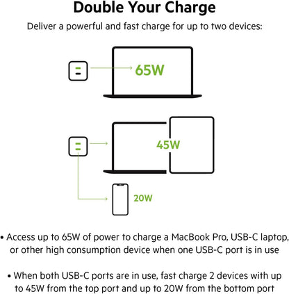 Belkin 65W Dual USB Type C Wall Charger, Fast Charging Power Delivery 3.0 with GaN Technology, USB Plug fast charger for iPhone 15, 14, 13, iPad, MacBook, Samsung Galaxy S23, Pixel and more - Black