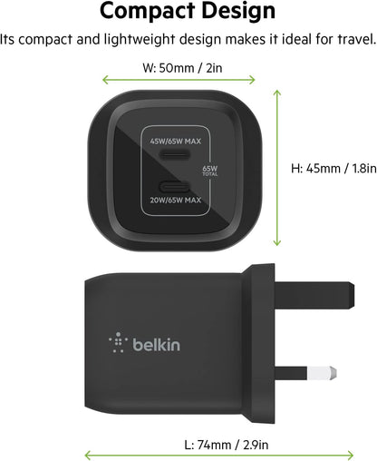 Belkin 65W Dual USB Type C Wall Charger, Fast Charging Power Delivery 3.0 with GaN Technology, USB Plug fast charger for iPhone 15, 14, 13, iPad, MacBook, Samsung Galaxy S23, Pixel and more - Black