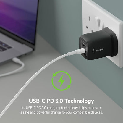 Belkin 65W Dual USB Type C Wall Charger, Fast Charging Power Delivery 3.0 with GaN Technology, USB Plug fast charger for iPhone 15, 14, 13, iPad, MacBook, Samsung Galaxy S23, Pixel and more - Black