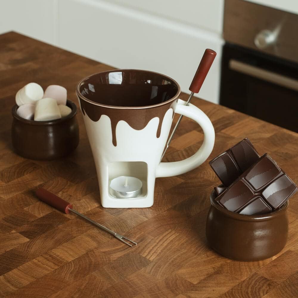 Chocolate Fondue Mug Set with 2 Forks & Tealight Wax Candle, 200ml Porcelain, Dishwasher Safe, Cheese Fondue Set, Party Gift – ThumbsUp!