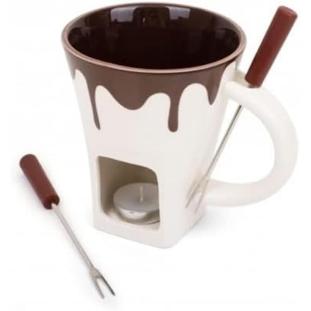Chocolate Fondue Mug Set with 2 Forks & Tealight Wax Candle, 200ml Porcelain, Dishwasher Safe, Cheese Fondue Set, Party Gift – ThumbsUp!