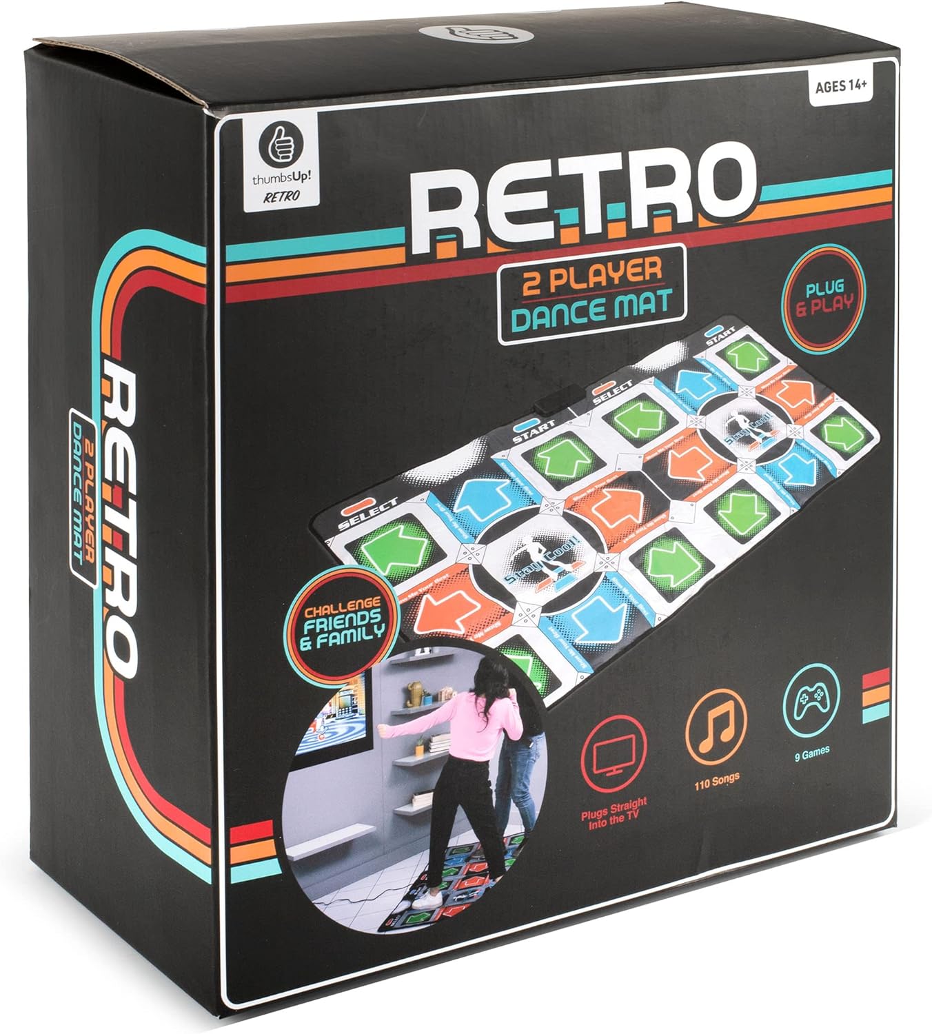 Dance Mat (2 Player) for TV, Plug and Play, 9 Retro Games, 110 Songs, 3 Difficulty Levels, Fun for Kids and Adults, for Girls, Boys & Adults - ThumbsUp! Two Player