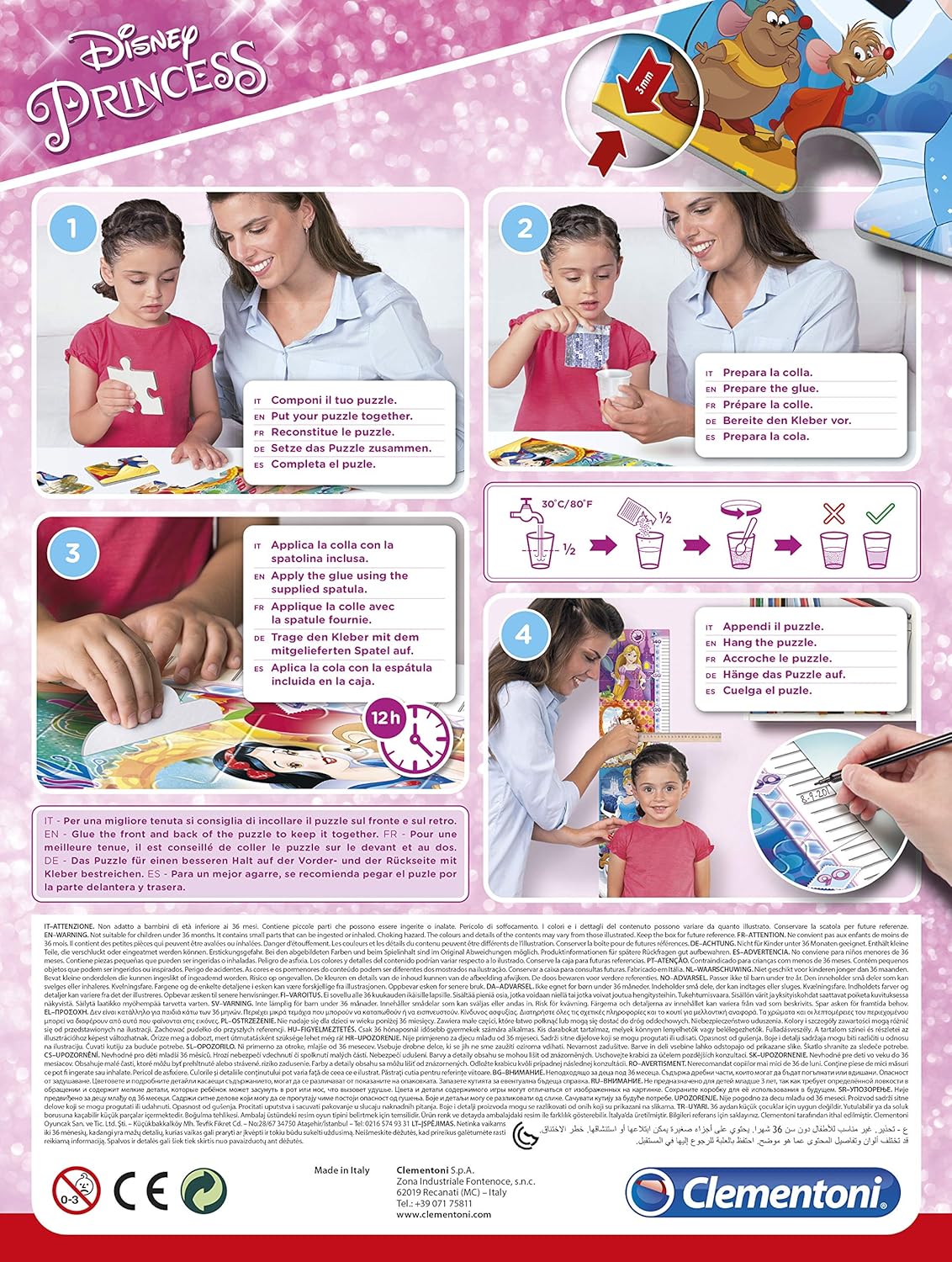 Clementoni 20328 Measure Me Princess – Puzzle 30 Teile ab 3 Jahren, großes Kinderpuzzle zum Zusammenkleben (inkl. Kleber & Spatel), als Messlatte zum Aufhängen, Denkspiel für Kinder Disney Princess
