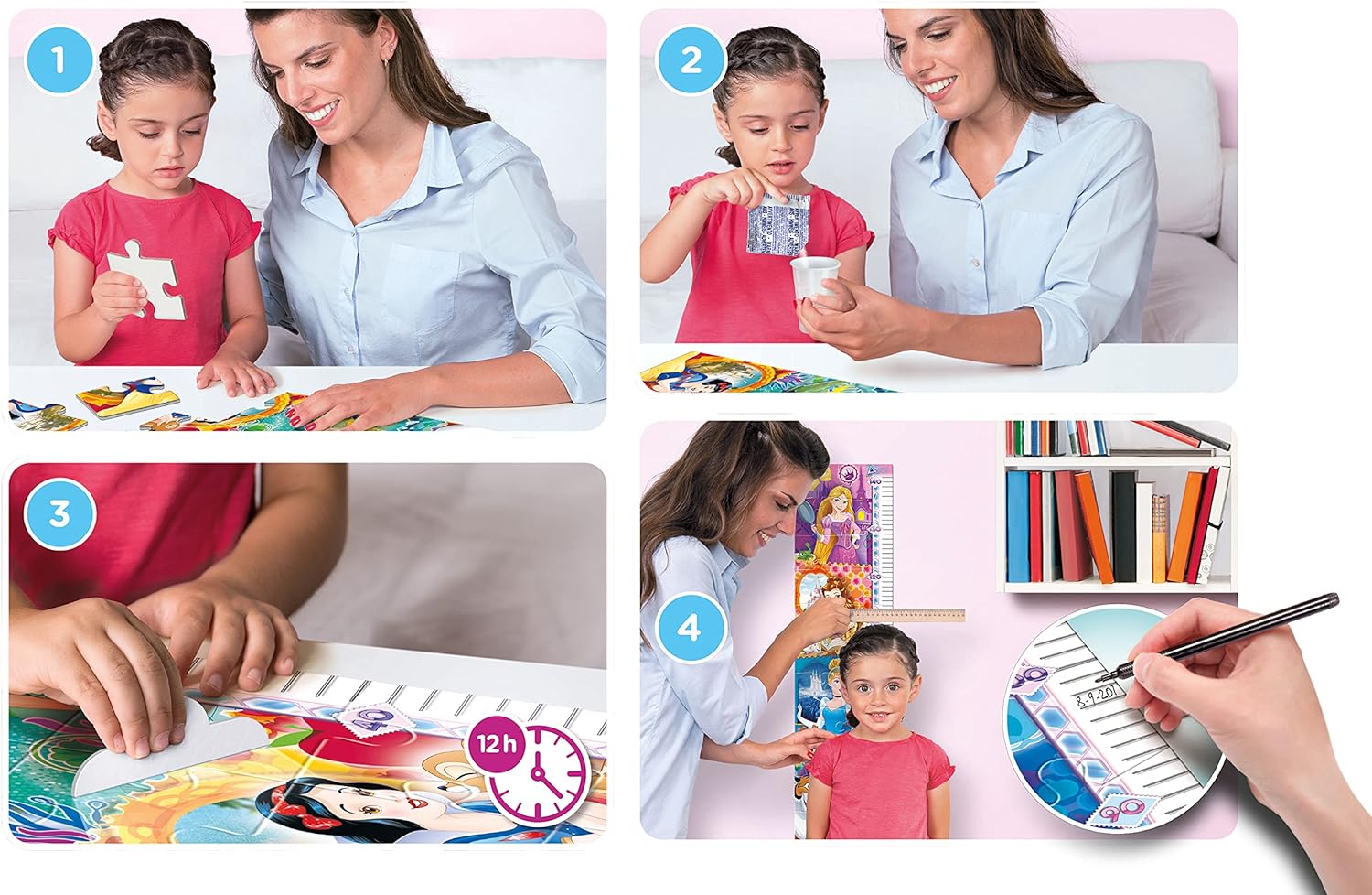 Clementoni 20328 Measure Me Princess – Puzzle 30 Teile ab 3 Jahren, großes Kinderpuzzle zum Zusammenkleben (inkl. Kleber & Spatel), als Messlatte zum Aufhängen, Denkspiel für Kinder Disney Princess
