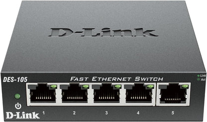 D-Link DES-105 Switch 5 Porte Fast Ethernet, Alloggiamento in Metallo, Nero/Antracite