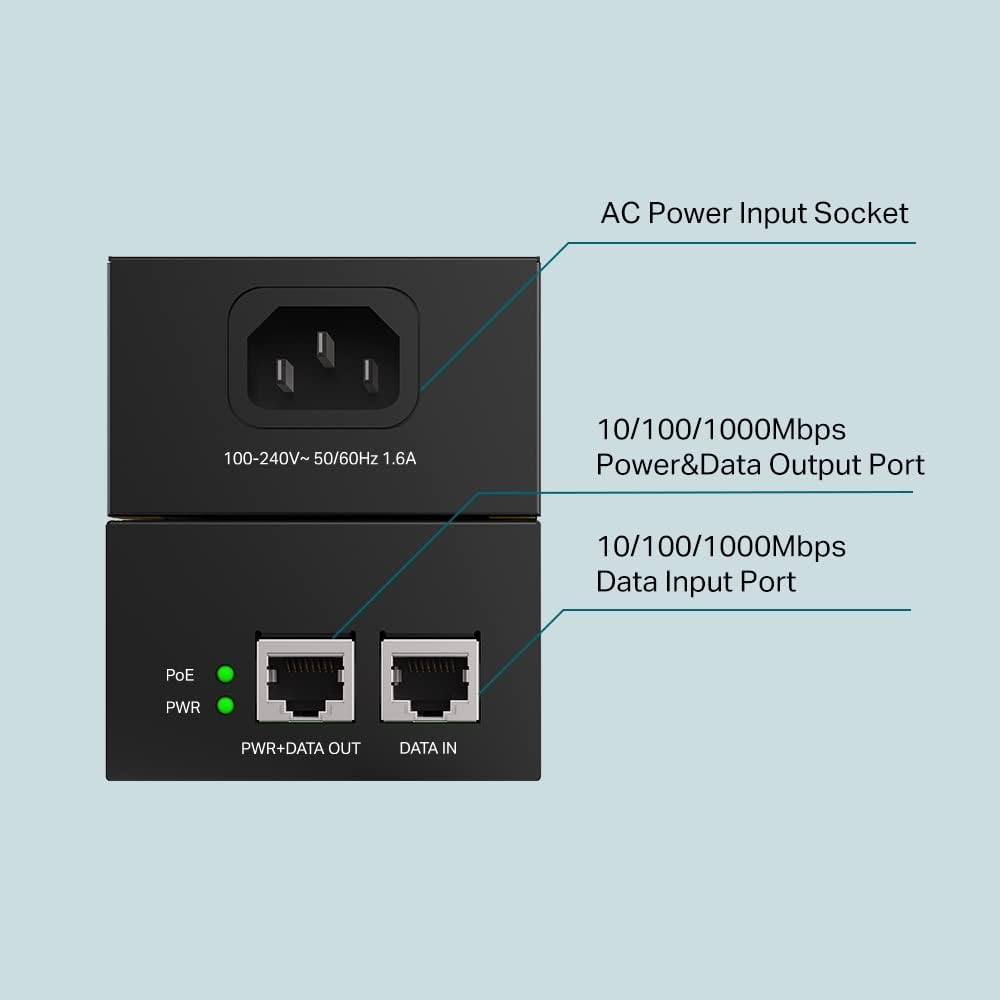 TP-Link TL-POE170S PoE++ Injector (2 Gigabit Ports, Compatible with 802.3af /at/bt, Total Power with up to 60W, Wall Mount and Desktop Design, Plug and Play) Black