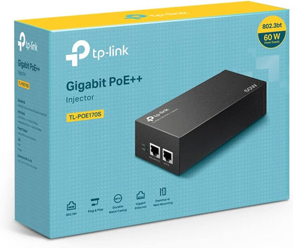 TP-Link TL-POE170S PoE++ Injector (2 Gigabit Ports, Compatible with 802.3af /at/bt, Total Power with up to 60W, Wall Mount and Desktop Design, Plug and Play) Black