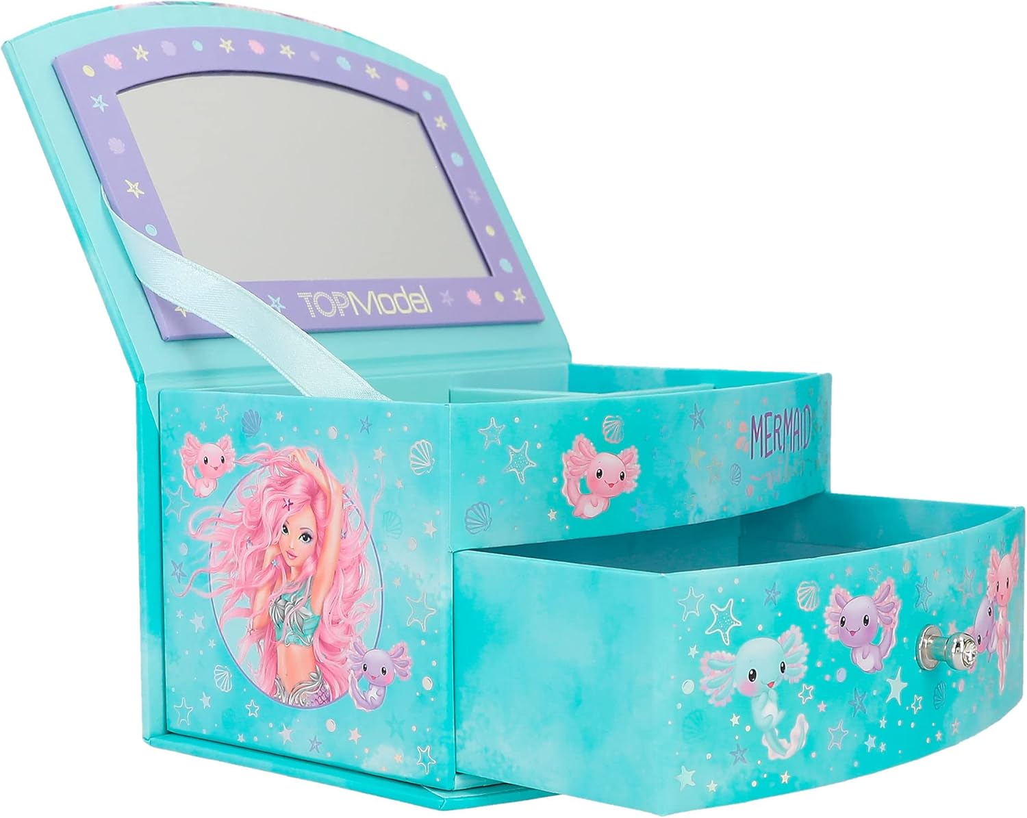 Depesche 12440 TOPModel Mermaid Small Jewellery Box in Turquoise with Mermaid Motif Jewellery Box with Mirror and Hinged Lid