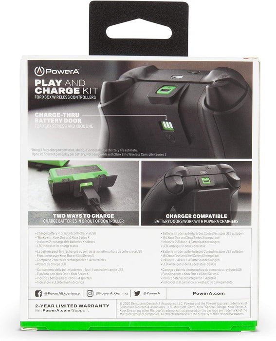 PowerA Play & Charge Kit for Xbox Series X|S and Xbox One Wireless Controllers, Compatible with Xbox Charger Dock, 2 x Rechargeable Batteries with LED Indicators, 4 x Battery Doors - Black & Green Bla
