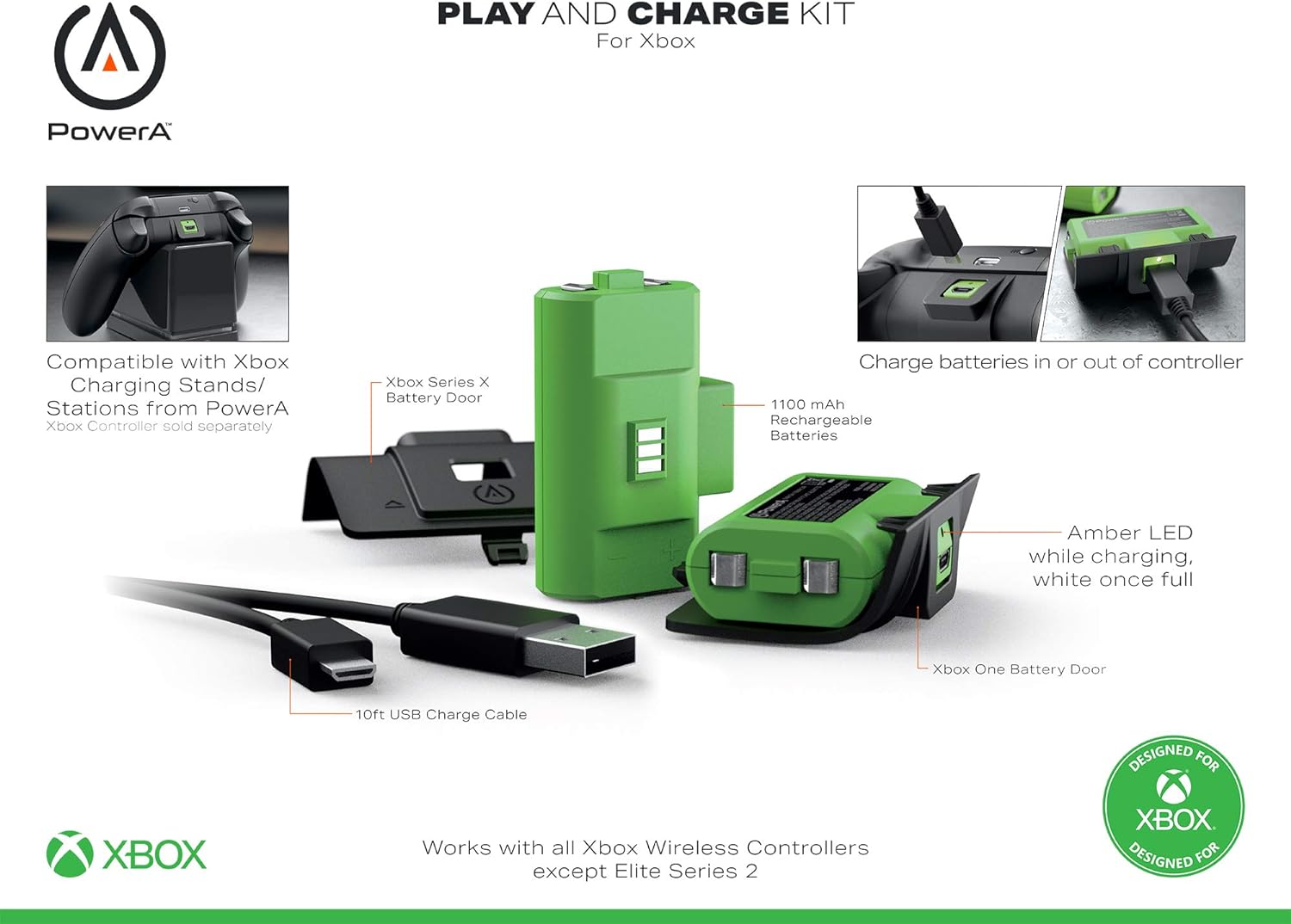 PowerA Play & Charge Kit for Xbox Series X|S and Xbox One Wireless Controllers, Compatible with Xbox Charger Dock, 2 x Rechargeable Batteries with LED Indicators, 4 x Battery Doors - Black & Green Bla
